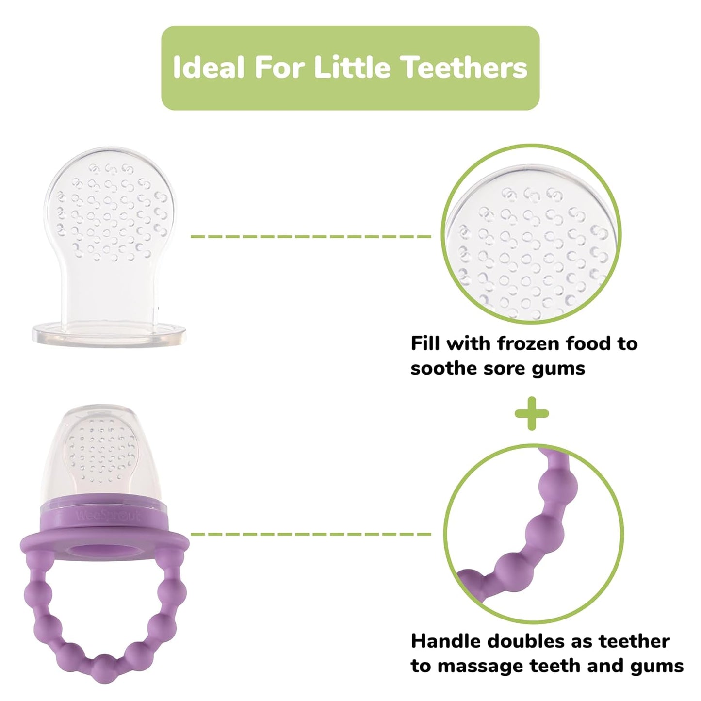 WeeSprout Baby Feeders: Set of 2 + Freezer Tray, Safe Food Introduction, Teething Toys, Bonus Pouches & Lids, Dishwasher Safe