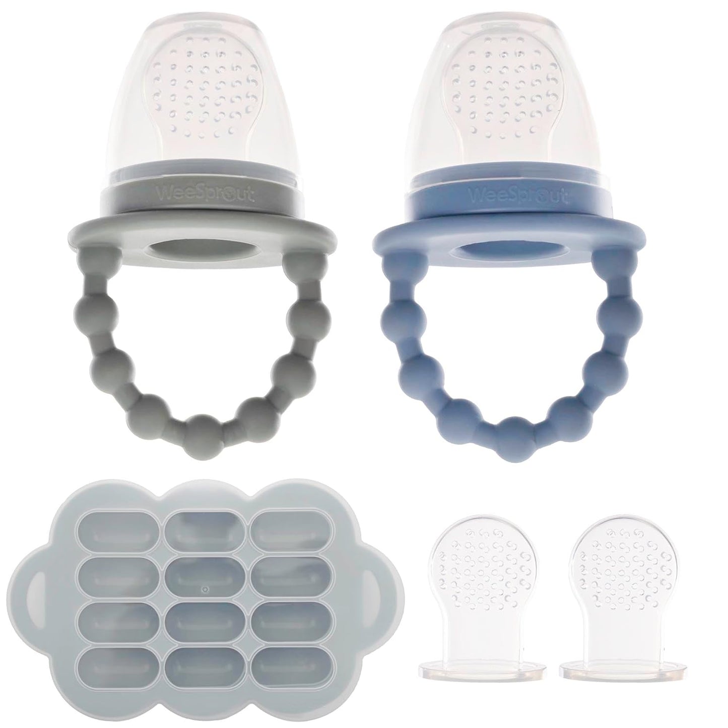 WeeSprout Baby Feeders: Set of 2 + Freezer Tray, Safe Food Introduction, Teething Toys, Bonus Pouches & Lids, Dishwasher Safe