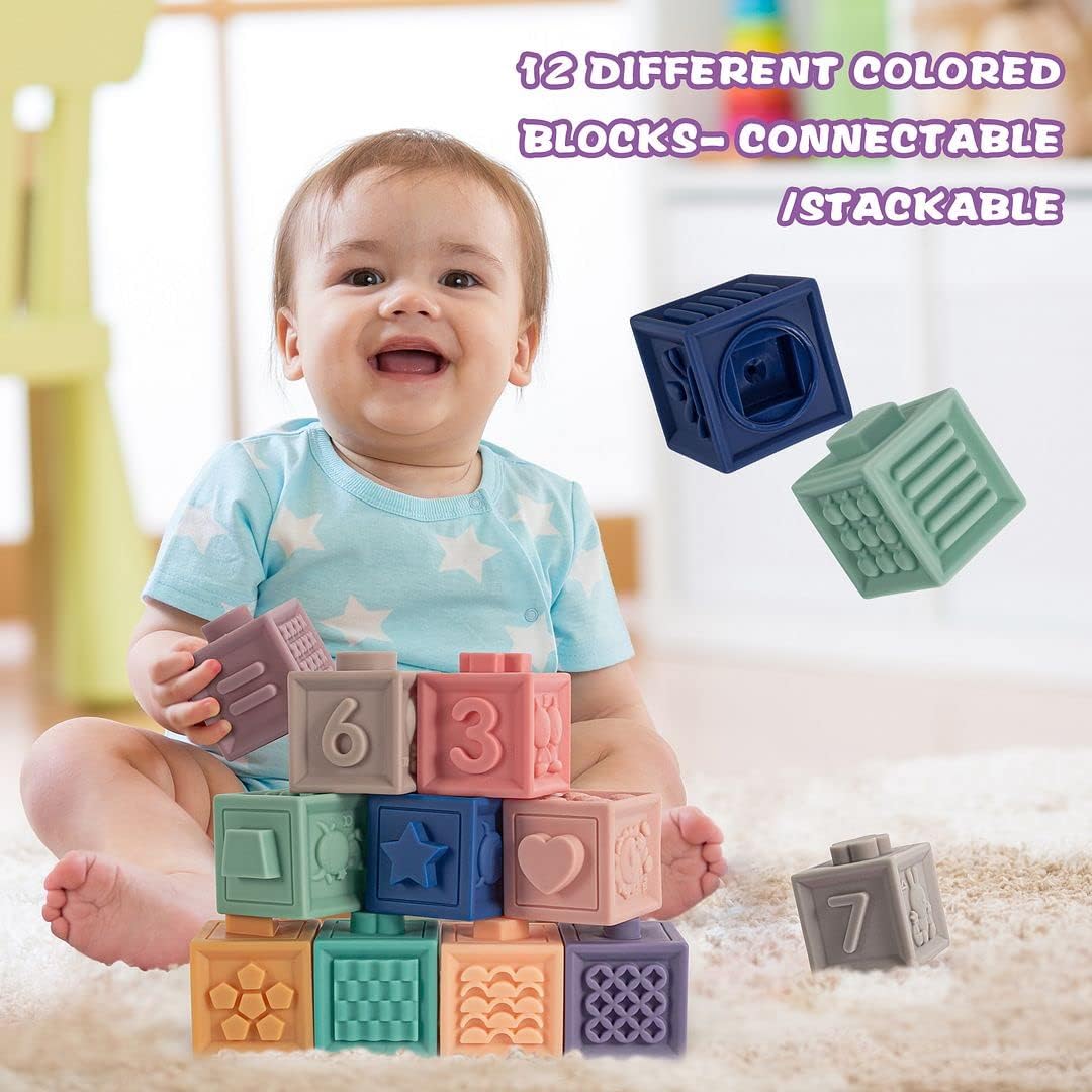 3-in-1 Montessori Toys 🧸 Soft Teething + Stacking Blocks 🏗️ Sensory Fun! 23 PCS for 0-18 Months