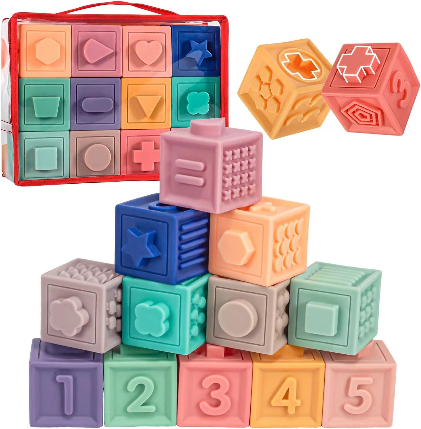 3-in-1 Montessori Toys 🧸 Soft Teething + Stacking Blocks 🏗️ Sensory Fun! 23 PCS for 0-18 Months