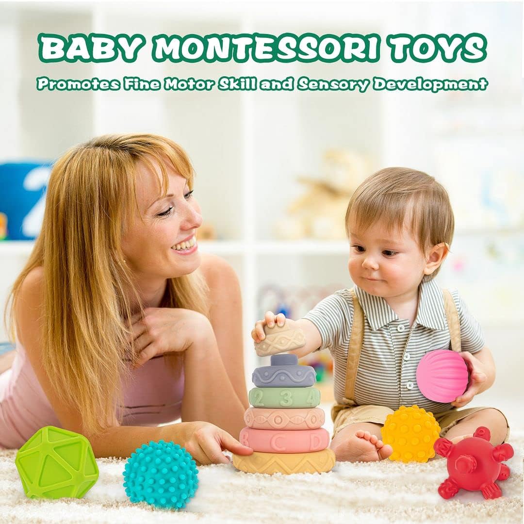 3-in-1 Montessori Toys 🧸 Soft Teething + Stacking Blocks 🏗️ Sensory Fun! 23 PCS for 0-18 Months